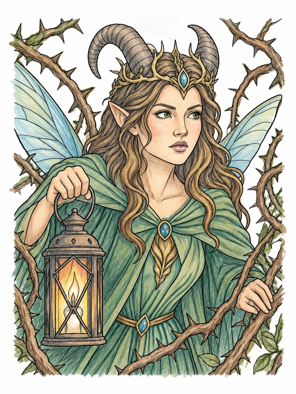 Colored example of the Horned Fairy Queen With Lantern coloring page