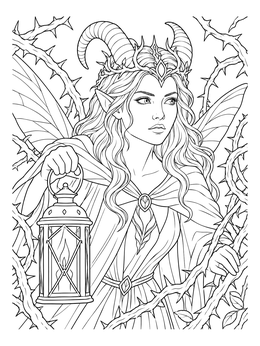 A horned fairy queen navigates briars in this gothic fairy coloring page.
