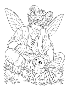A gothic fairy coloring page showing a horned elf sitting with a cute winged spider cat in the grass.