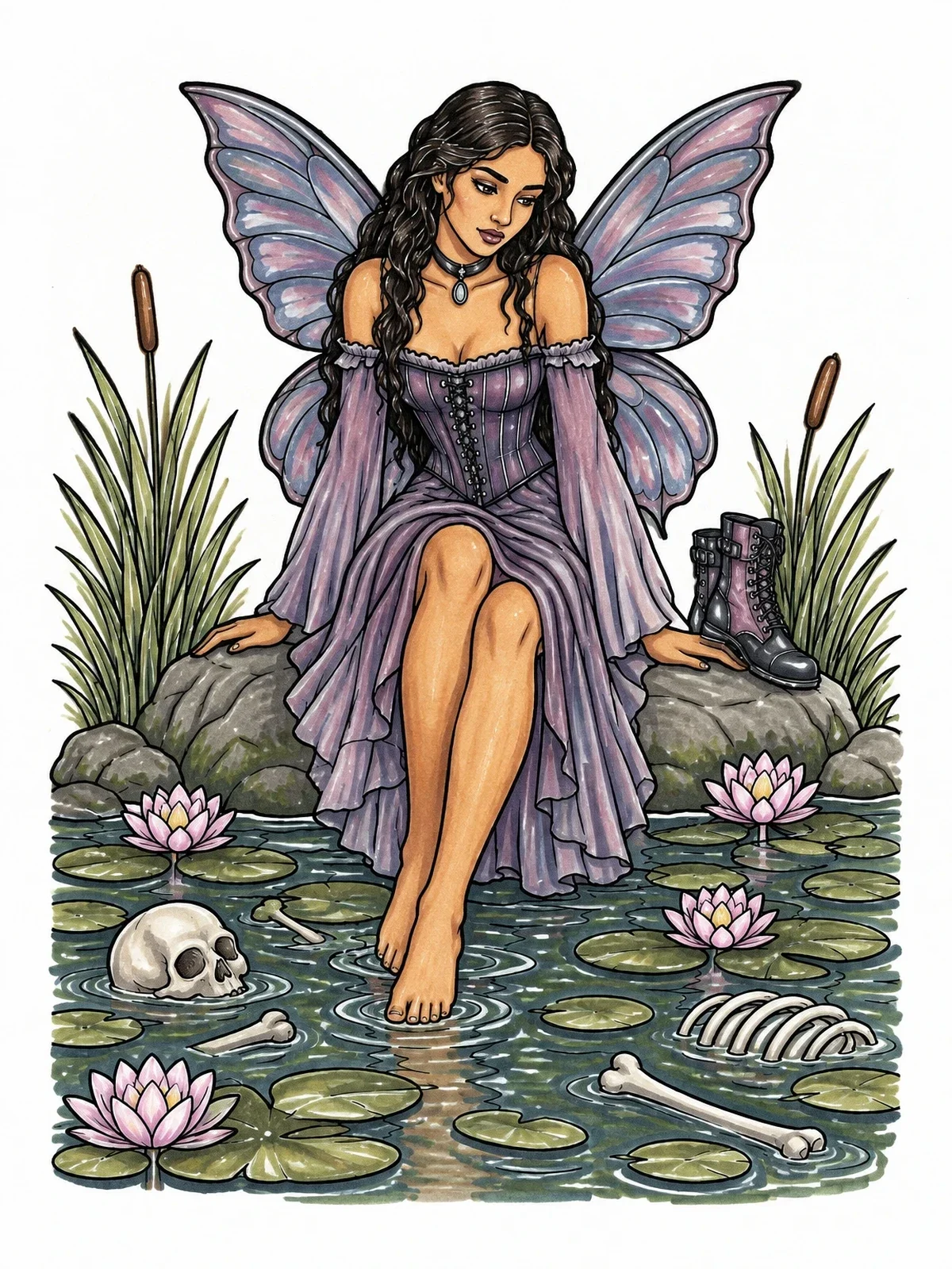 Colored example of the Gothic Fairy By The Pond coloring page