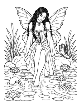 A seated gothic fairy coloring page dipping her bare feet into a water lily pond with floating bones.
