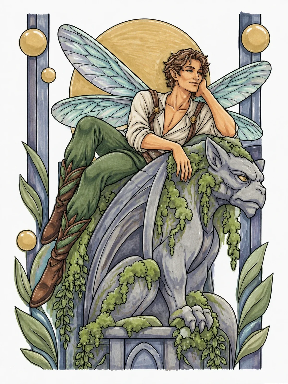 Colored example of the Gothic Fairy Resting On Gargoyle coloring page