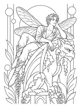 A male fairy rests on a gargoyle statue in this gothic fairy coloring page.