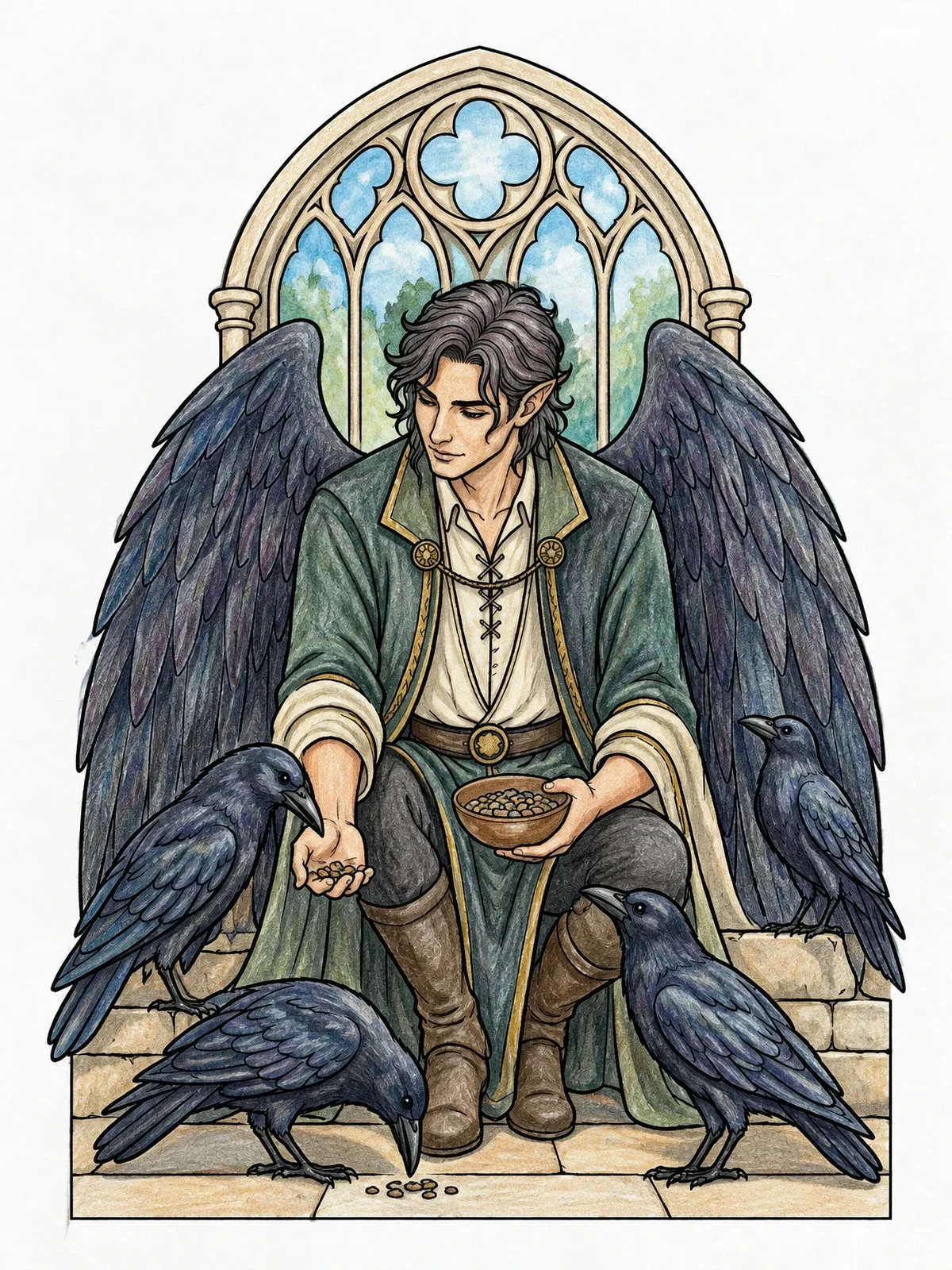 Colored example of the Winged Elf Feeding Ravens coloring page