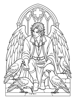 A gothic fairy coloring page showing a winged elf feeding ravens by a cathedral window.