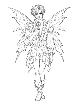 An ornate gothic fairy coloring page showing an elf-eared fairy holding a vintage skeleton key.