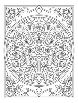 Intricate gothic rose window coloring page featuring stylized blooming roses inside symmetrical glass segments.