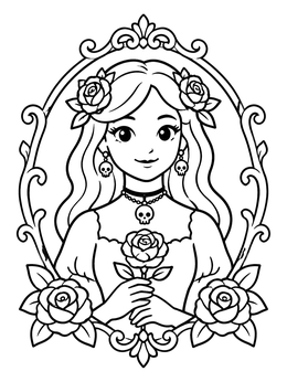 Free printable Gothic Girl With Rose Portrait coloring page