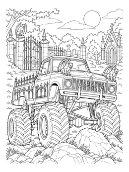Gothic monster truck coloring page with gargoyles parked by a spooky cemetery gate.