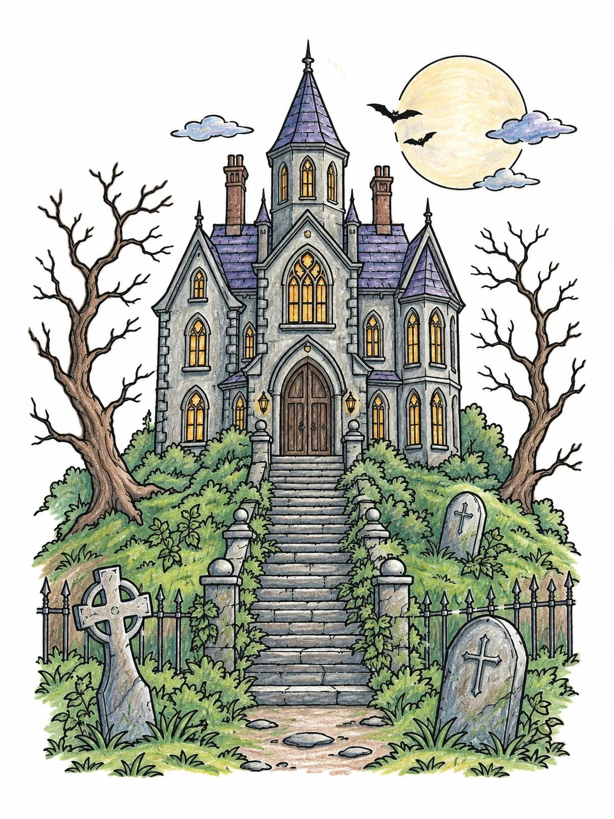 Colored example of the Gothic Haunted Manor On Hill coloring page