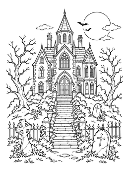 A detailed gothic haunted house coloring page with stone stairs and tombstones under a full moon.