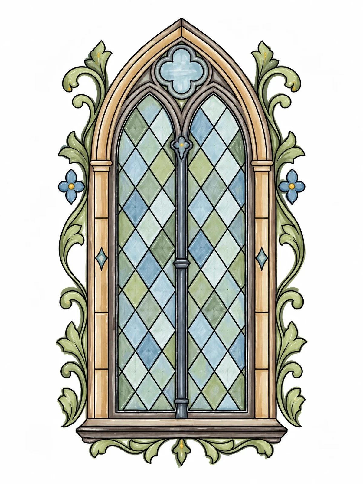 Colored example of the Gothic Lancet Window Frame coloring page