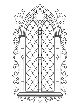 An ornate Gothic window coloring page featuring diamond panes and acanthus leaf carvings.