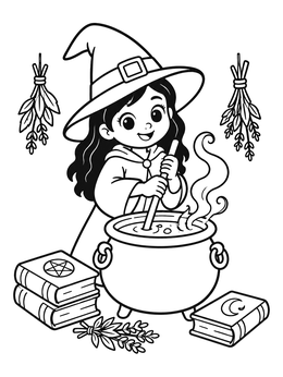 Free printable Little Witch Brewing Cauldron Potion coloring page
