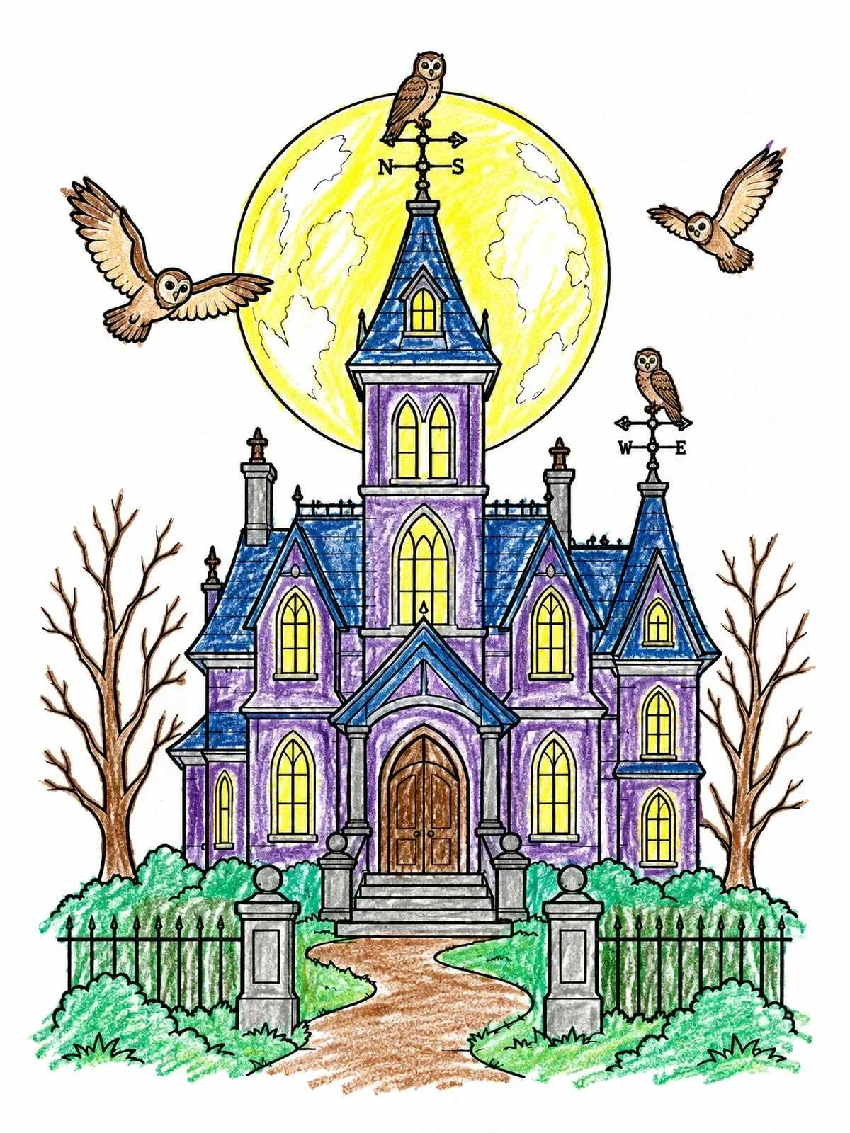 Colored example of the Gothic Mansion With Full Moon And Owls coloring page