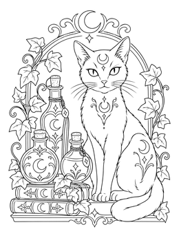A gothic coloring page showing a cat with crescent markings sitting beside potion bottles and ivy leaves.