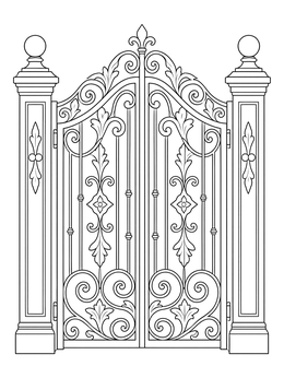 An ornate wrought-iron gate in this gothic coloring page flanked by stone pillars.