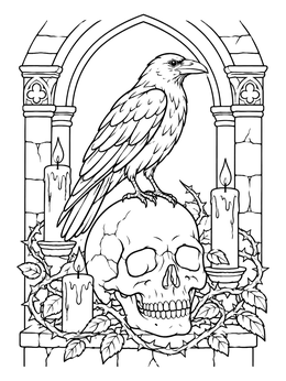 Free printable Raven Perched On Gothic Skull coloring page