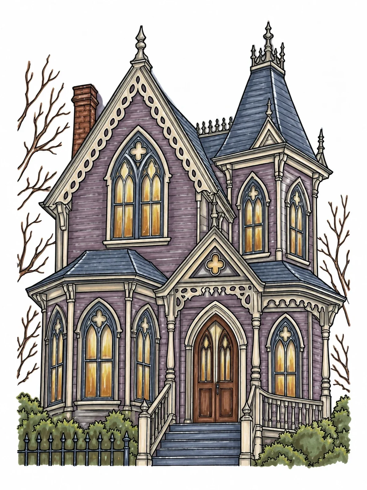 Colored example of the Gothic Revival Victorian Spooky Manor coloring page