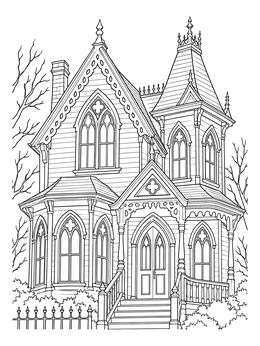 An ornate haunted house coloring page showing a Gothic Revival mansion with pointed arched windows and a tower.