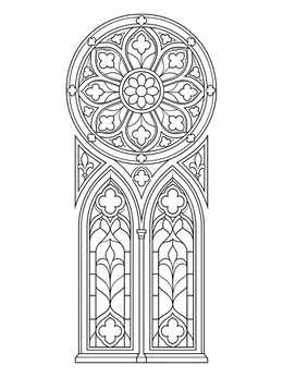 An ornate Gothic rose window coloring page set above two tall lancet arches.