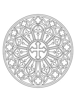 An intricate rose window cross coloring page with gothic architectural patterns.