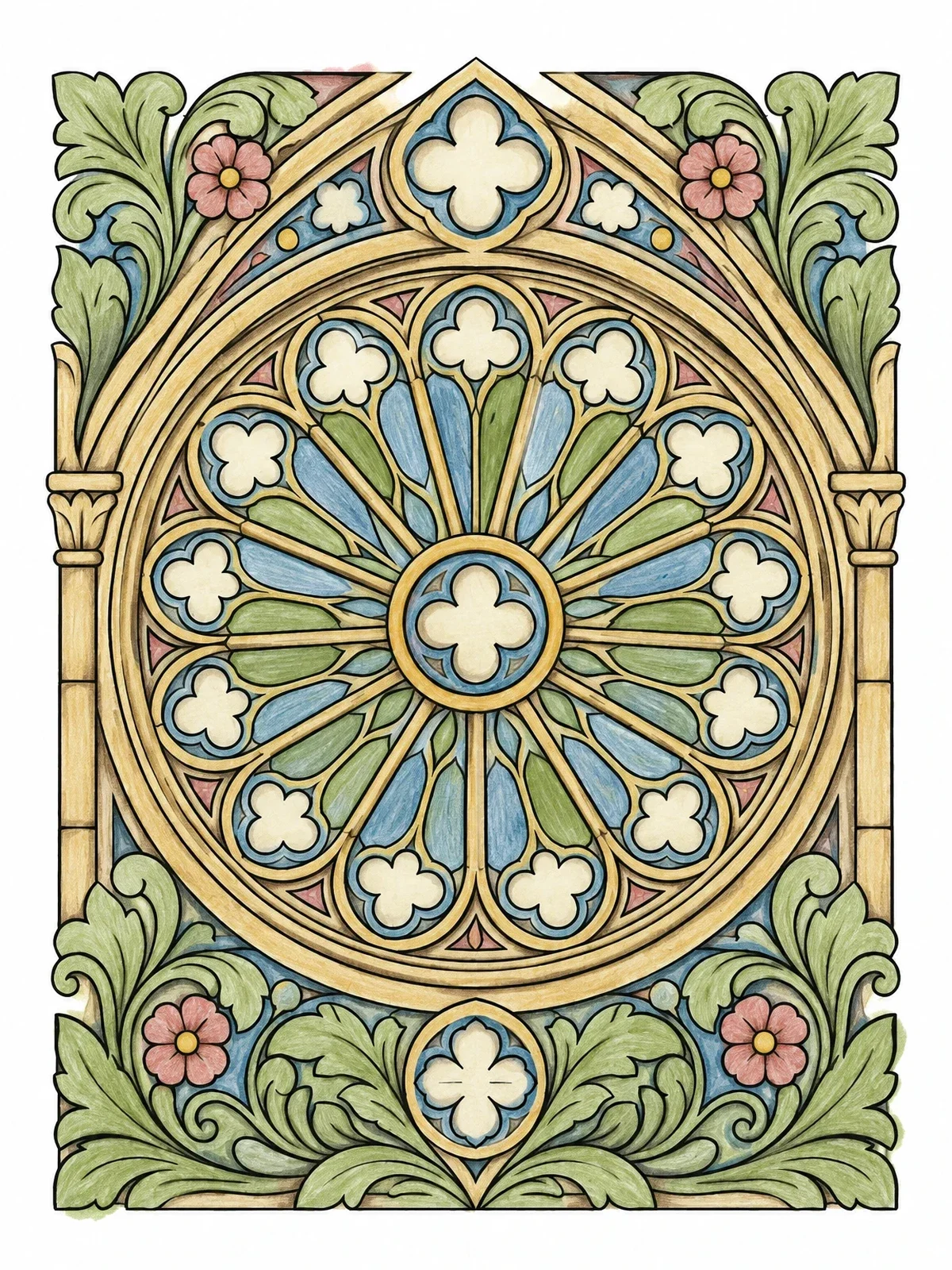 Colored example of the Gothic Rose Window And Foliage Relief coloring page