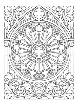 An ornate rose window coloring page with intricate tracery and floral stone reliefs.