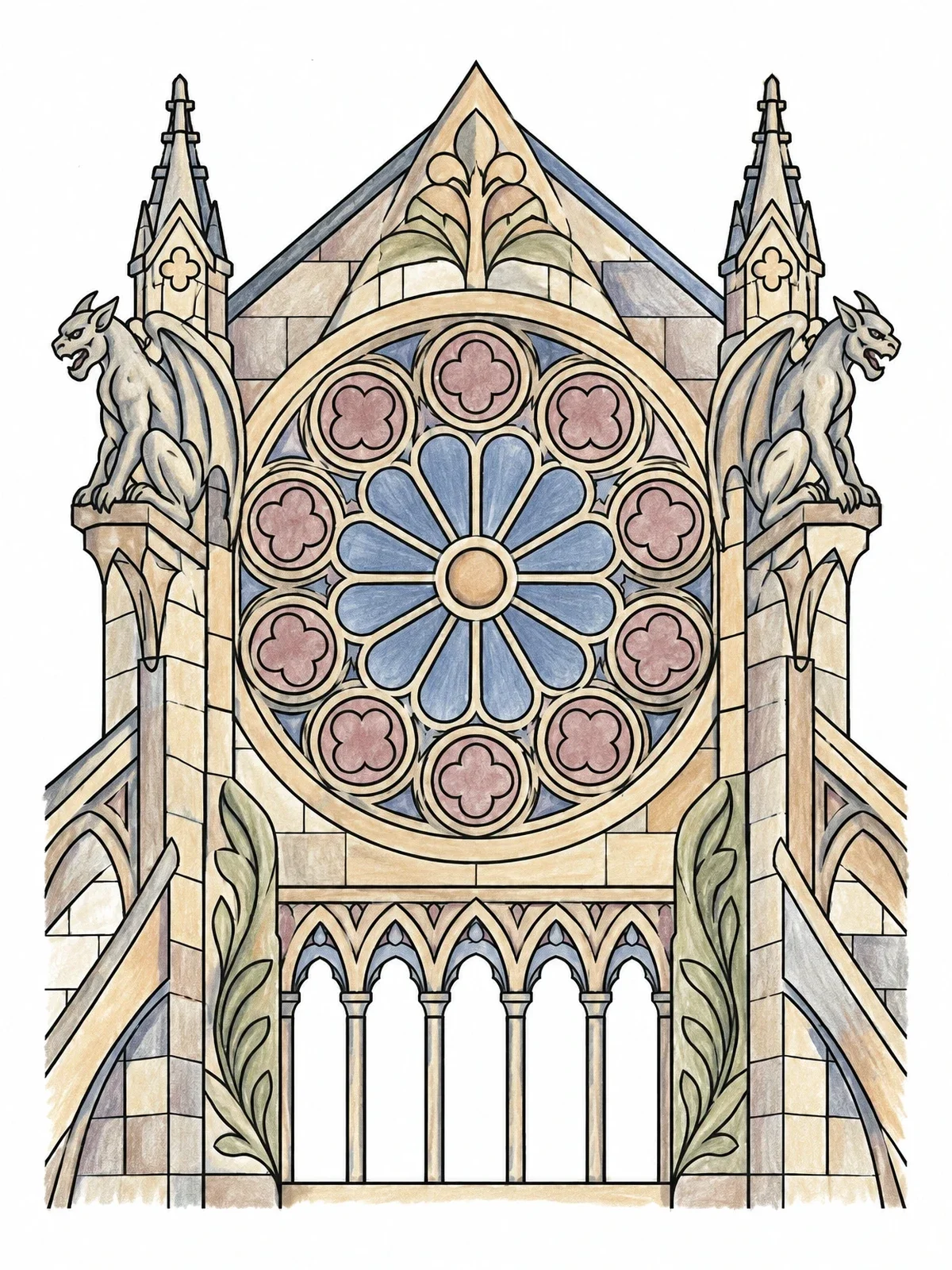 Colored example of the Gothic Cathedral Facade With Gargoyles coloring page