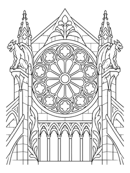 A detailed rose window coloring page flanked by stone gargoyles and gothic architecture.