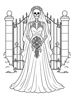 Free printable Skeleton Bride At Cemetery Gate coloring page