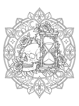Gothic rose coloring page showing a skull, hourglass, and blooming rose vines in an ornate circular frame.