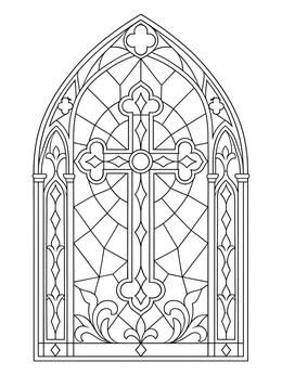A detailed cross coloring page framed inside an ornate Gothic stained glass window arch.