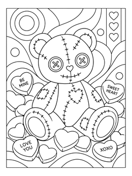 A stitched teddy bear surrounded by candy hearts on a gothic coloring page.