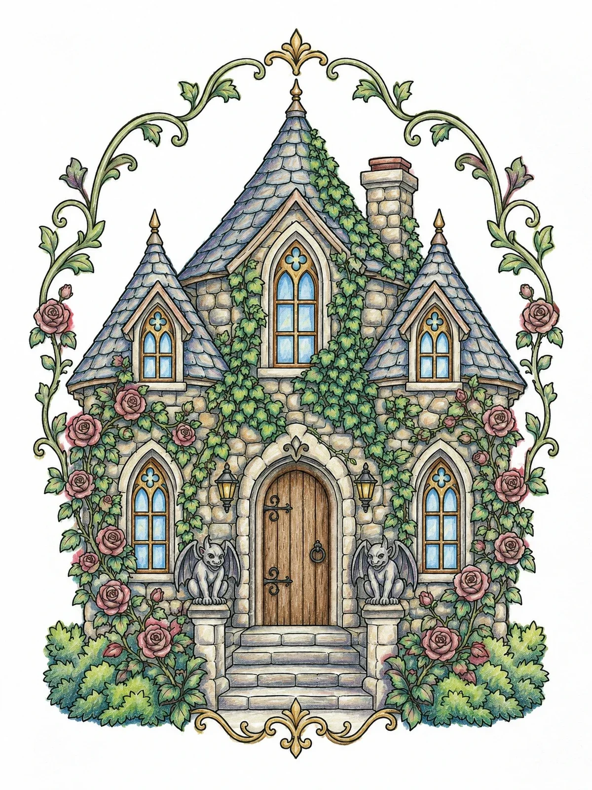 Colored example of the Gothic Fairy Villa With Gargoyles coloring page