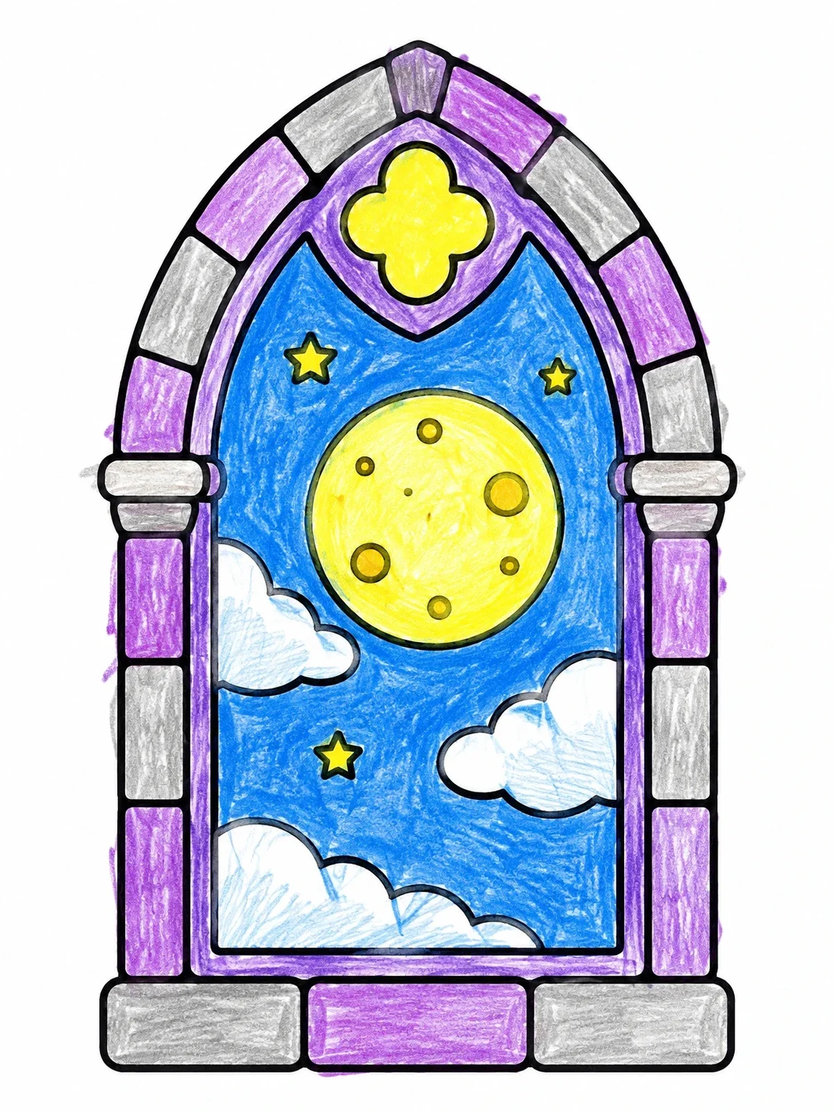 Colored example of the Gothic Window Moon And Stars coloring page