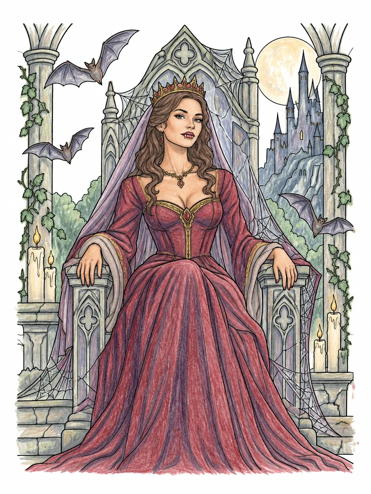 Colored example of the Gothic Vampire Bride On Throne coloring page