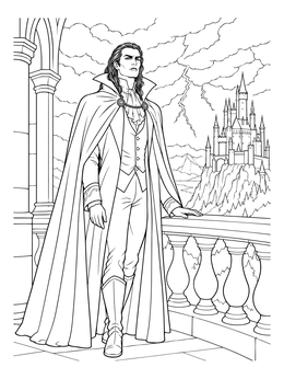A vampire lord on a balcony overlooks a distant fortress in this gothic coloring page.
