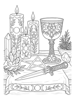 An ornate gothic coloring page depicting an altar with candles, chalice, and dagger.
