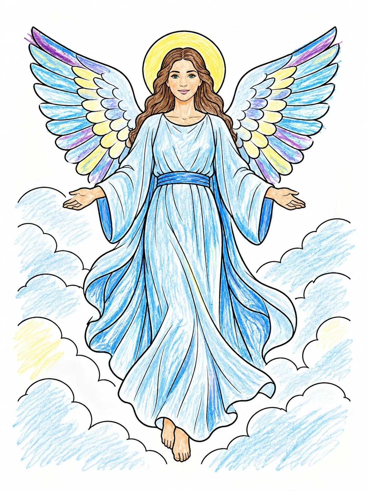 Colored example of the Graceful Angel With Outstretched Wings coloring page
