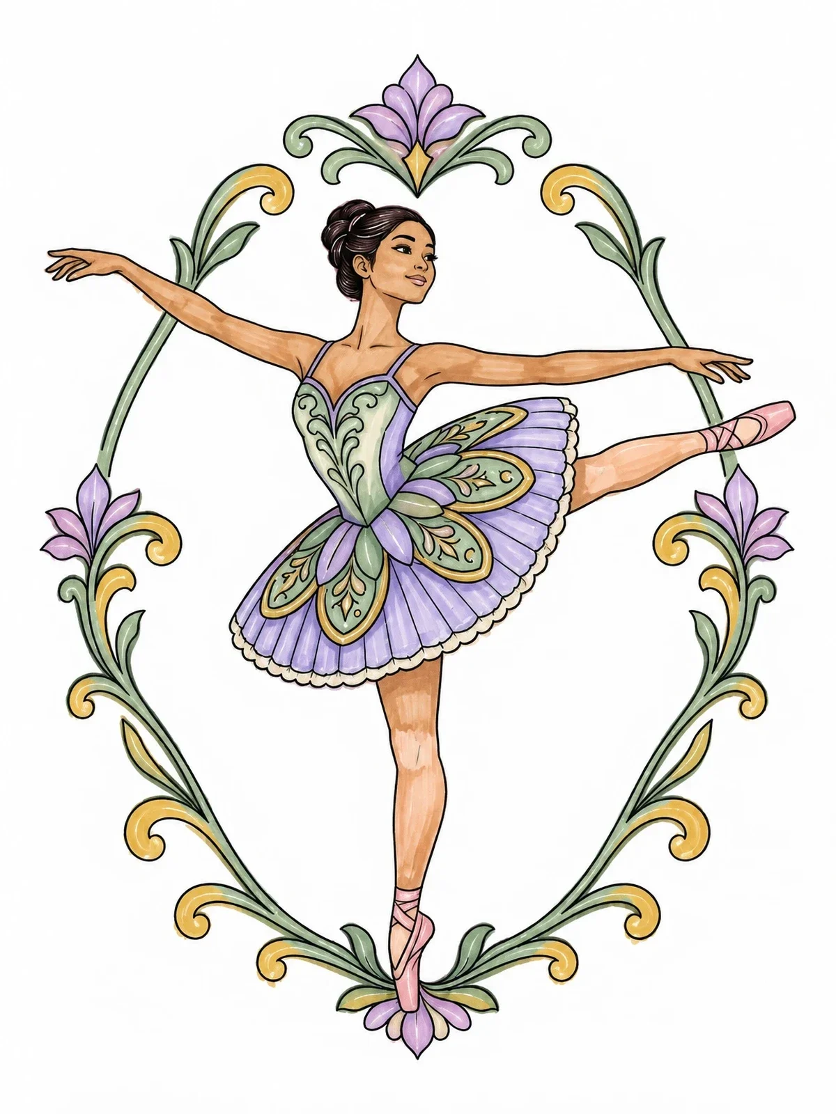 Colored example of the Graceful Ballerina In Arabesque Frame coloring page