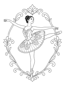 A ballerina coloring page with a dancer posing on pointe inside an ornate decorative border.