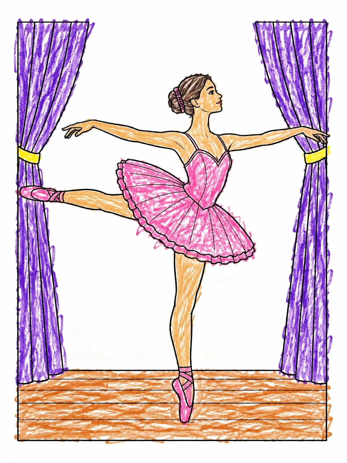 Colored example of the Graceful Ballerina In Arabesque On Stage coloring page