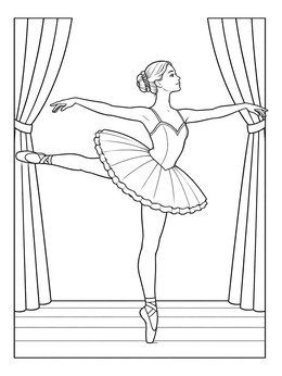 A graceful ballerina coloring page showing a dancer posing in an arabesque on a theater stage.