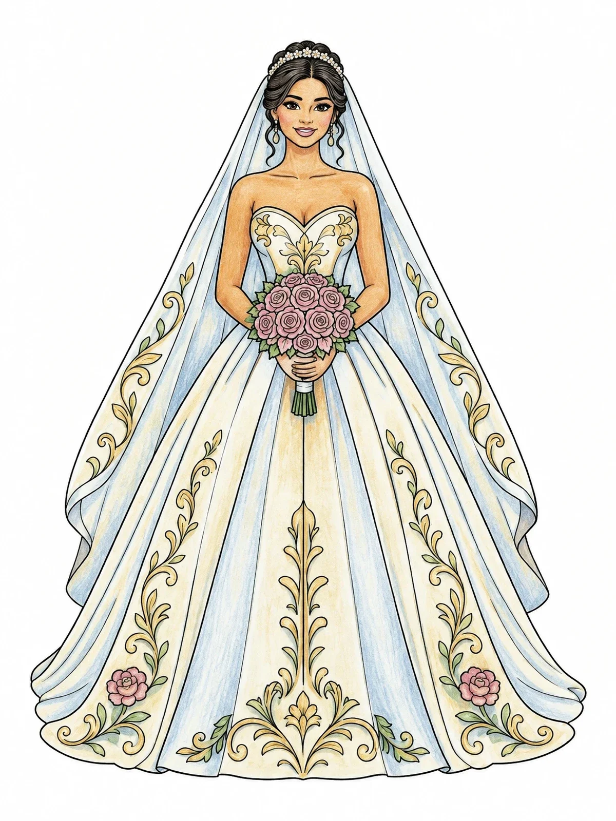 Colored example of the Graceful Bride In Detailed Ballgown coloring page