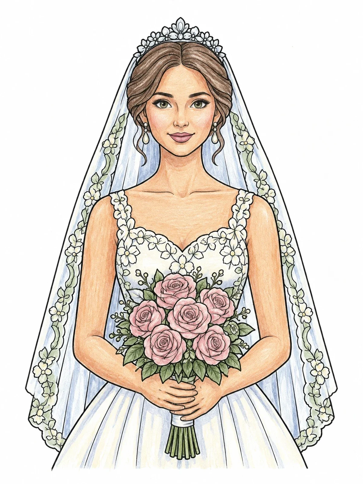 Colored example of the Graceful Bride With Tiara And Bouquet coloring page