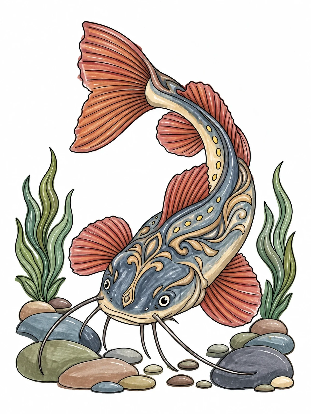 Colored example of the Graceful Catfish Swimming Among River Stones coloring page