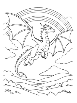 A graceful dragon coloring page soaring across the sky past a curved rainbow and rolling hills.
