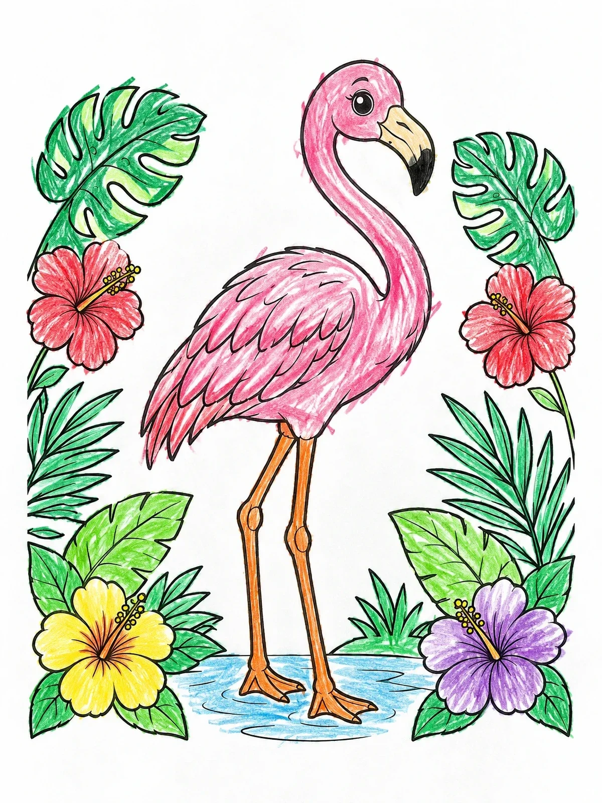 Colored example of the Graceful Flamingo With Tropical Flowers coloring page