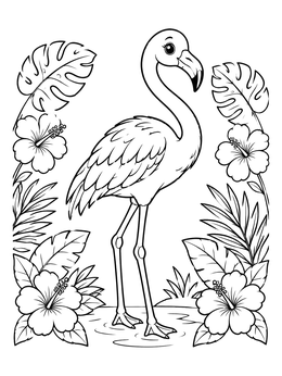 Free printable Graceful Flamingo With Tropical Flowers coloring page